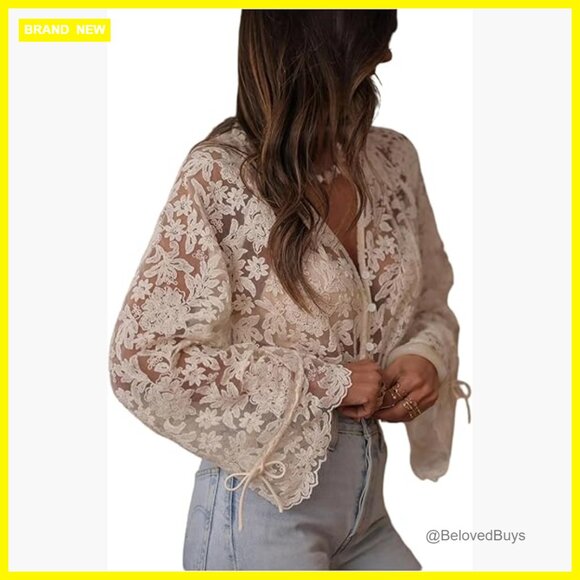 Floral Sheer Blouse Ruffle V Neck Bell Sleeve Button Down Top